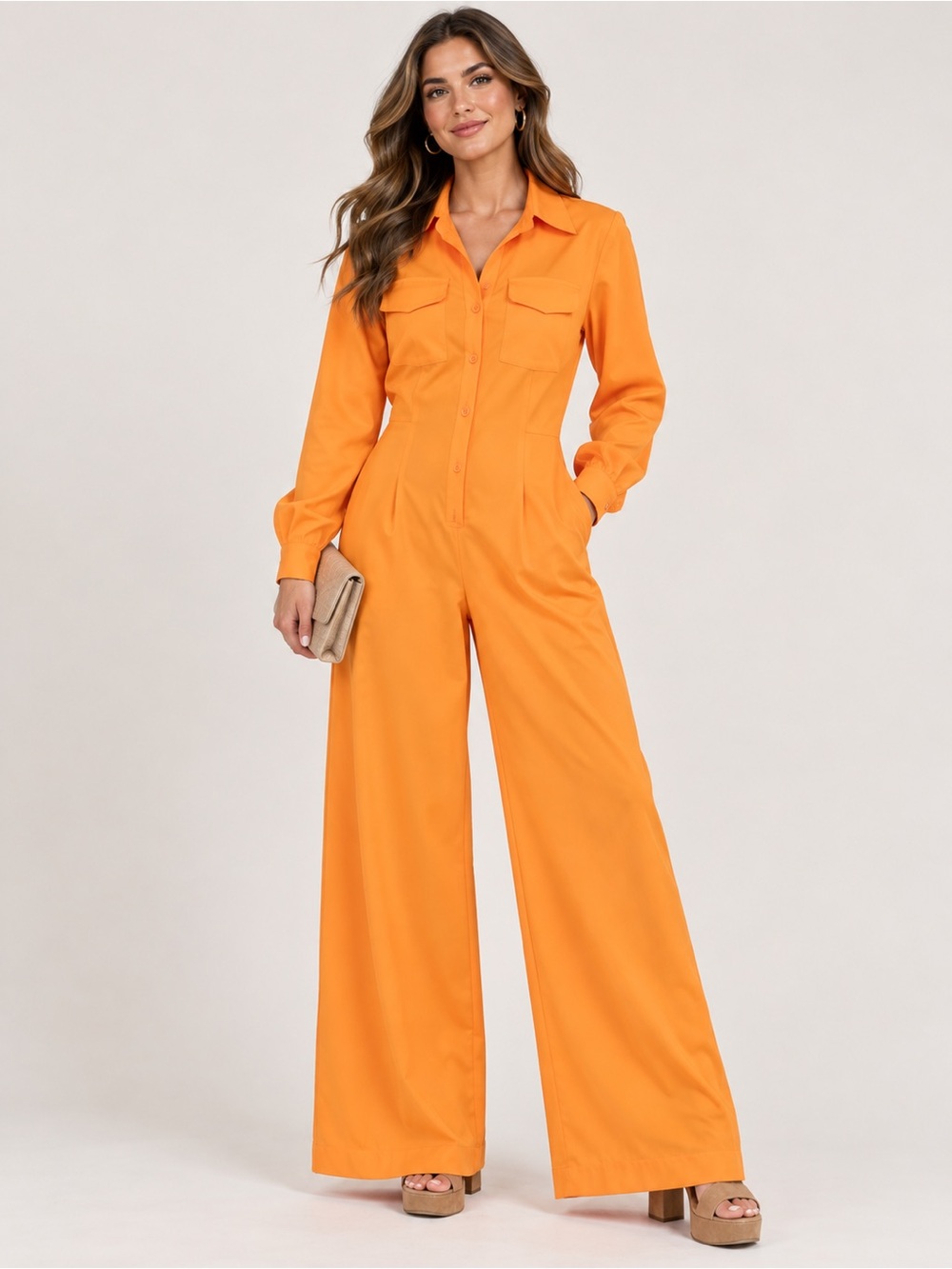 SHEIN Orange Long-Sleeve Wide-Leg Utility Jumpsuit